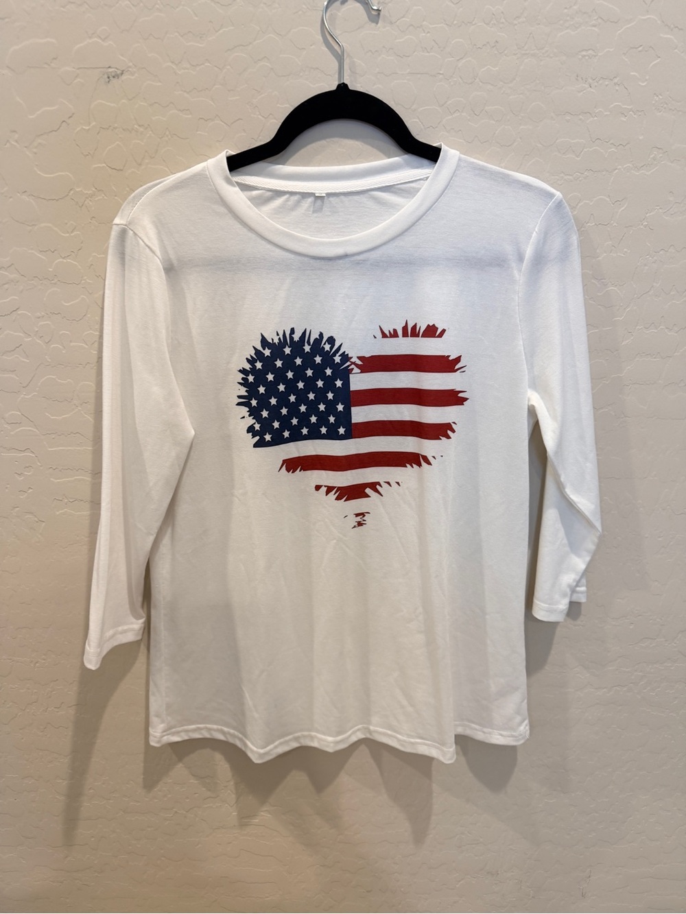 Women's 3/4 Sleeve Tee with Distressed American Flag Heart